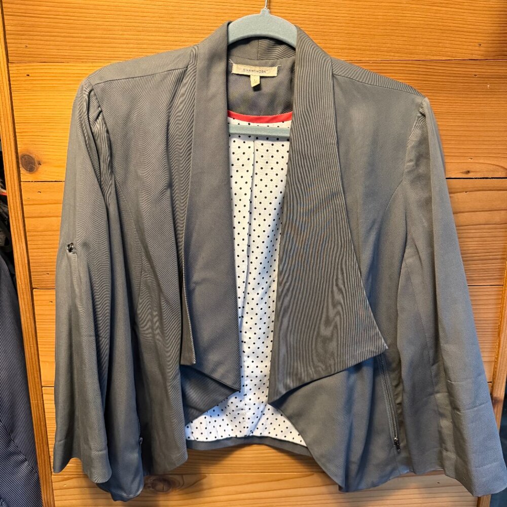 41 Hawthorn Gray Open Front Blazer Roll Tab Sleeves Polka Dot Lining Women’s Lar